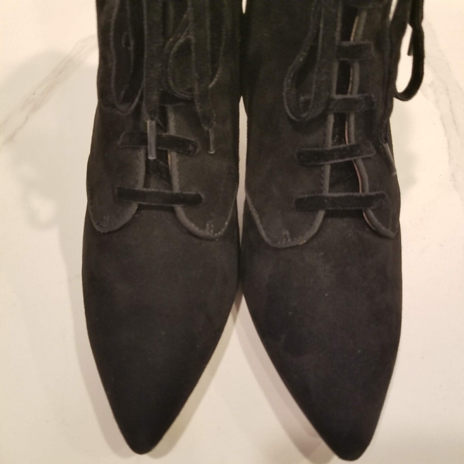AD & Daughters Black Suede Lace Up Zip Ankle Boots Pointed Toe Heels Womens Sz 7