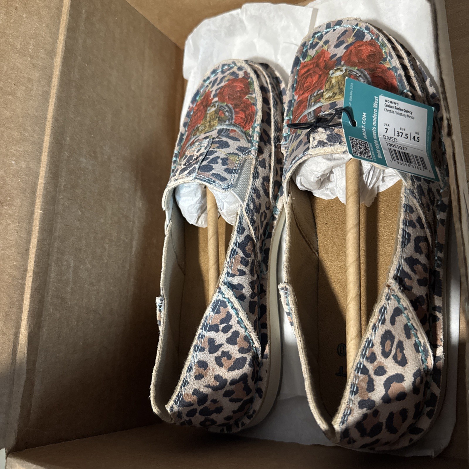 Ariat Cruiser Rodeo Quincy Women’s 7 Slip-On Cheetah Steer Roses Western Cowboy