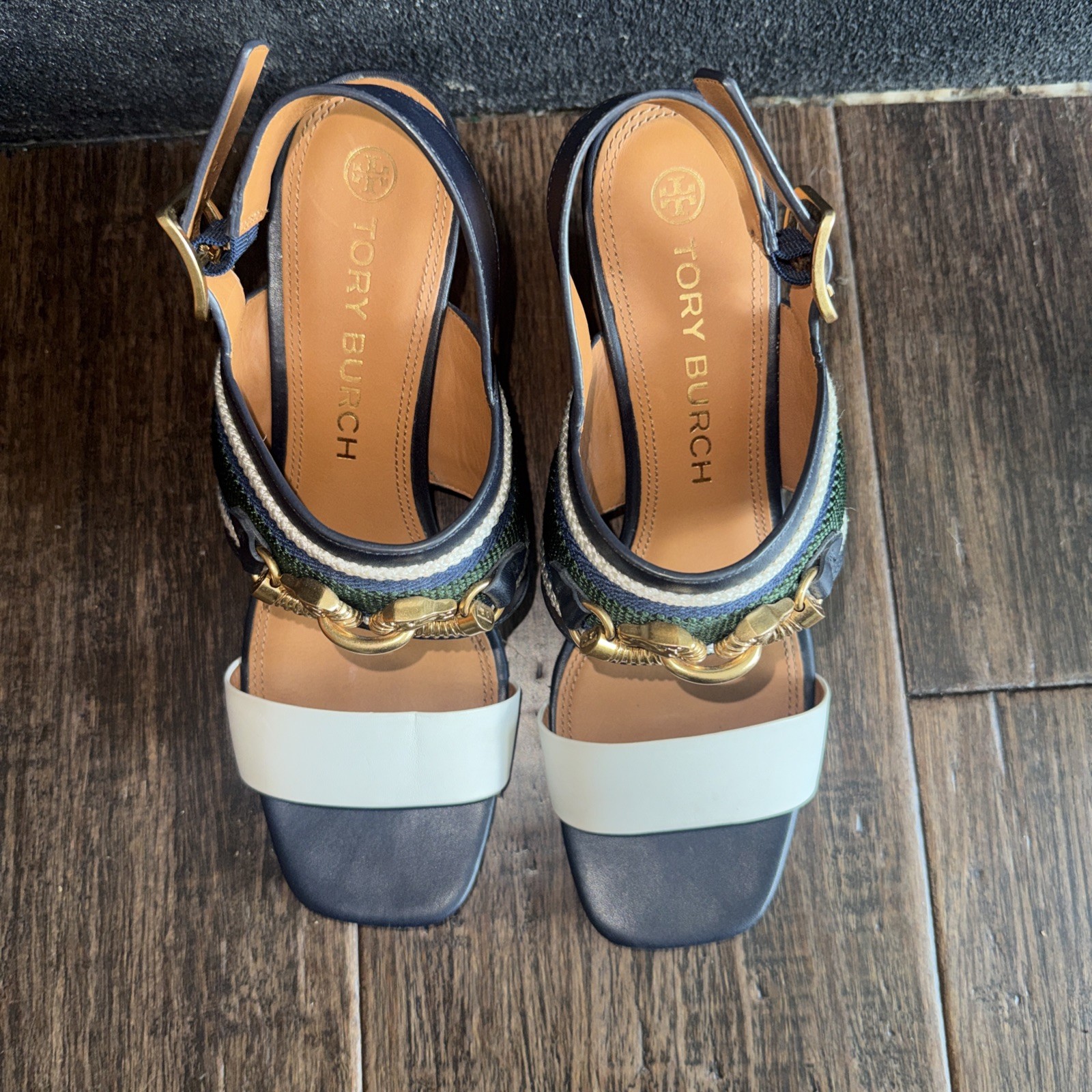 Tory Burch Jessa Slingback Block-Heel Sandals Size 10.5 Snake Gold Buckles
