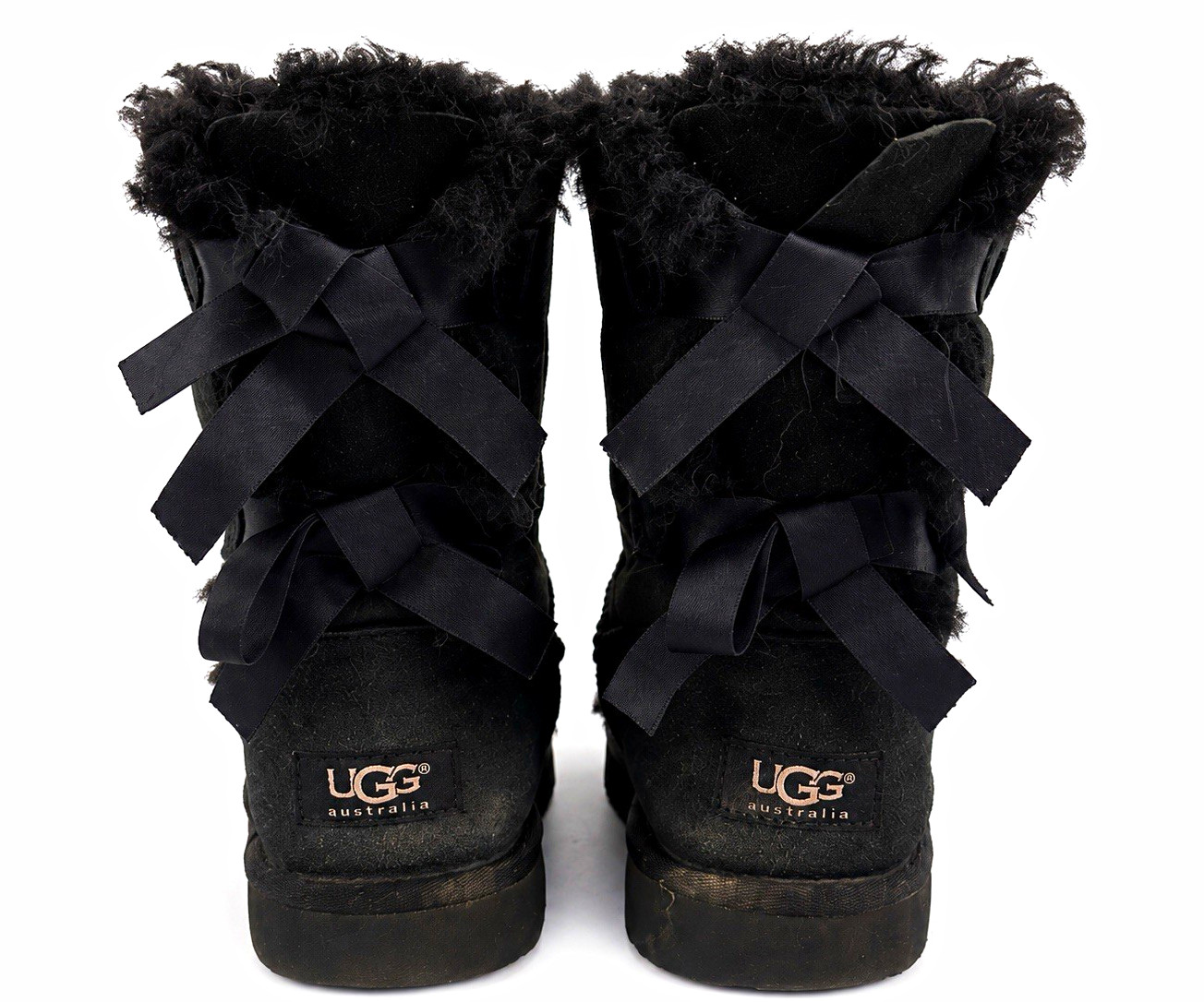 UGG Australia Bailey Bow Black Suede Sheepskin Lined Mid-Calf Boots Women 7