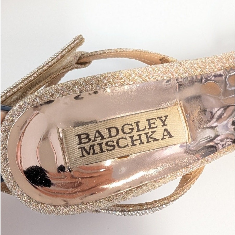 Badgley Mischka Ultima Block Heel Sandals Womens 9 Gold Glitter Ankle Strap