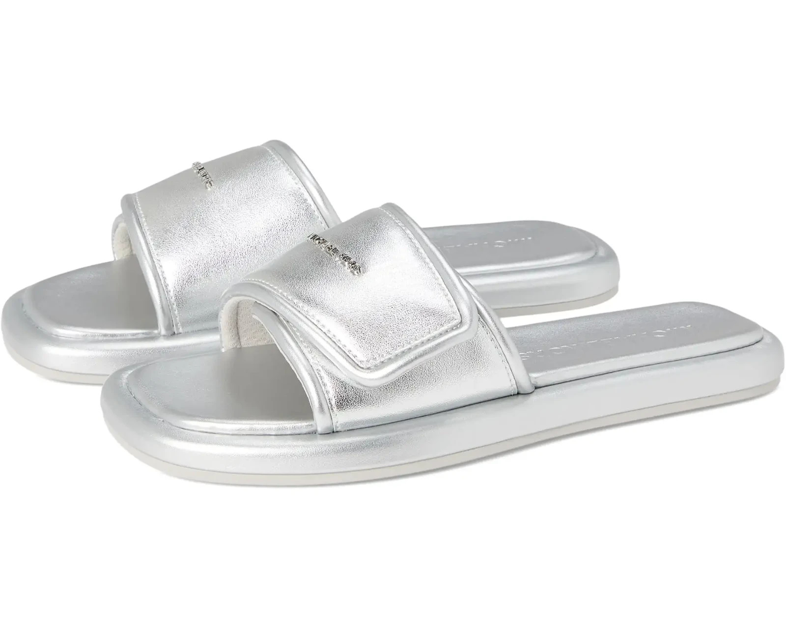 MICHAEL KORS SUKI MK LOGO SILVER ADJUSTABLE SLIDES 9 11 I LOVE SHOES