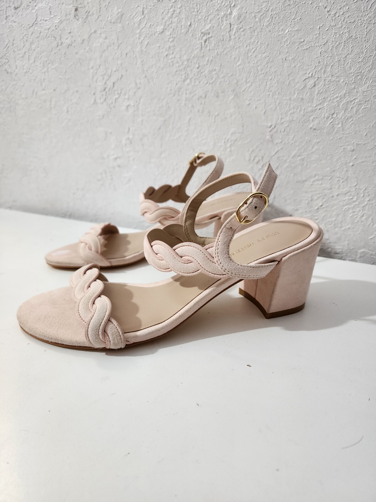 Stuart Weitzman Twistie Pink Suede Block Heels Ankle Strap Sandals Women’s Sz 7