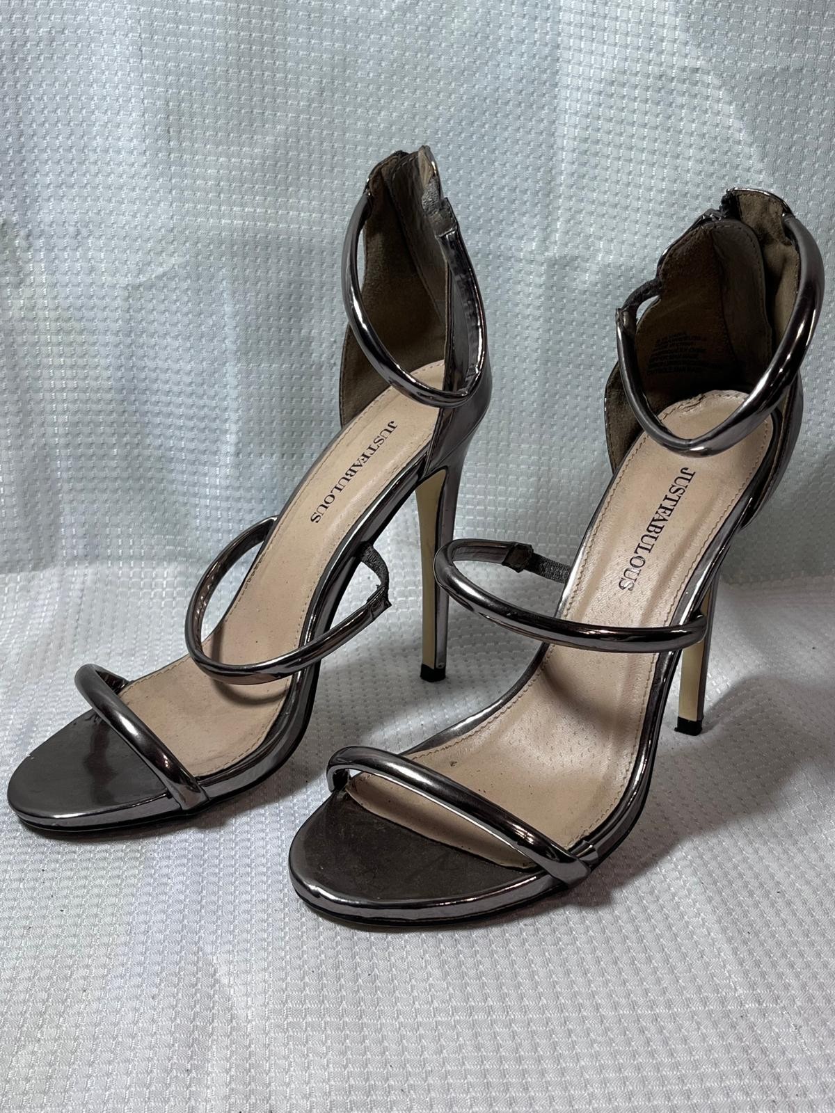 JustFab Sylvana Gunmetal Metallic Ankle Strap Stiletto Heels Sandals