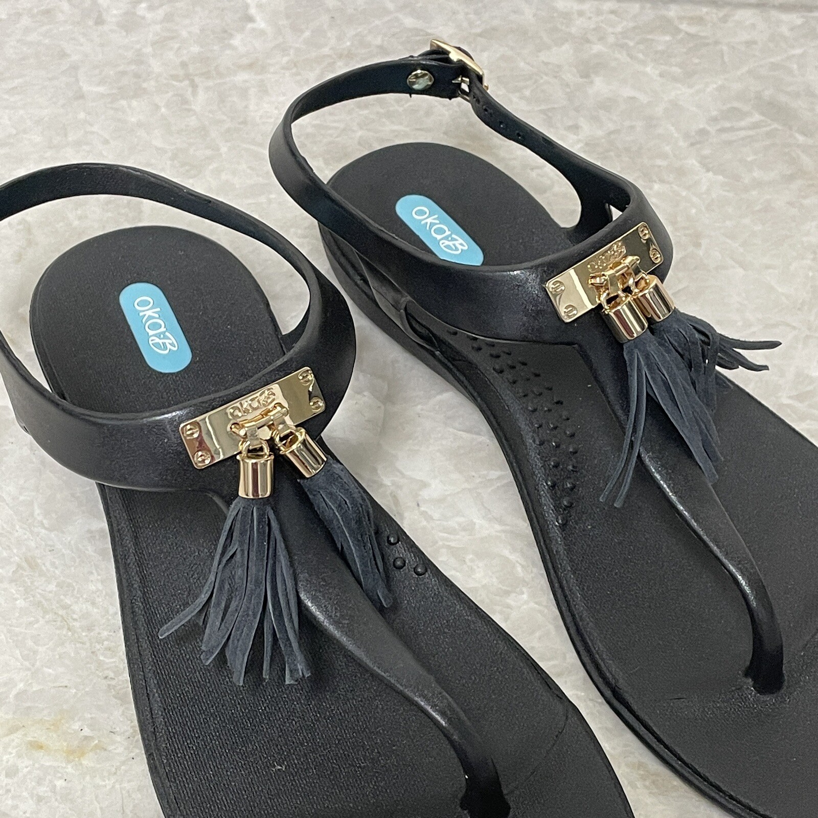 Oka-B Thong Sandals Womens 9 Black Tassel Jelly Comfort Flip Flops Summer New