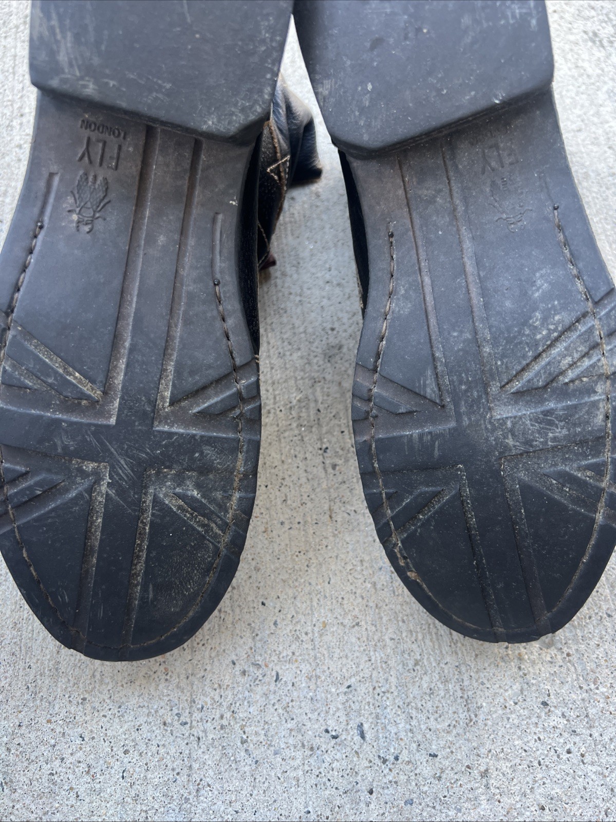 Women’s Fly London Black leather boots size not marked ( heel-toe 11″ )