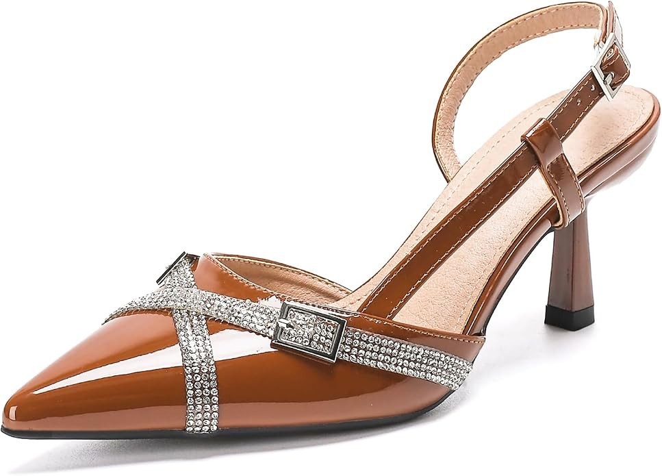 getmorebeauty Women’s Slingback Kitten Heels Rhinestone Pumps, Size 10