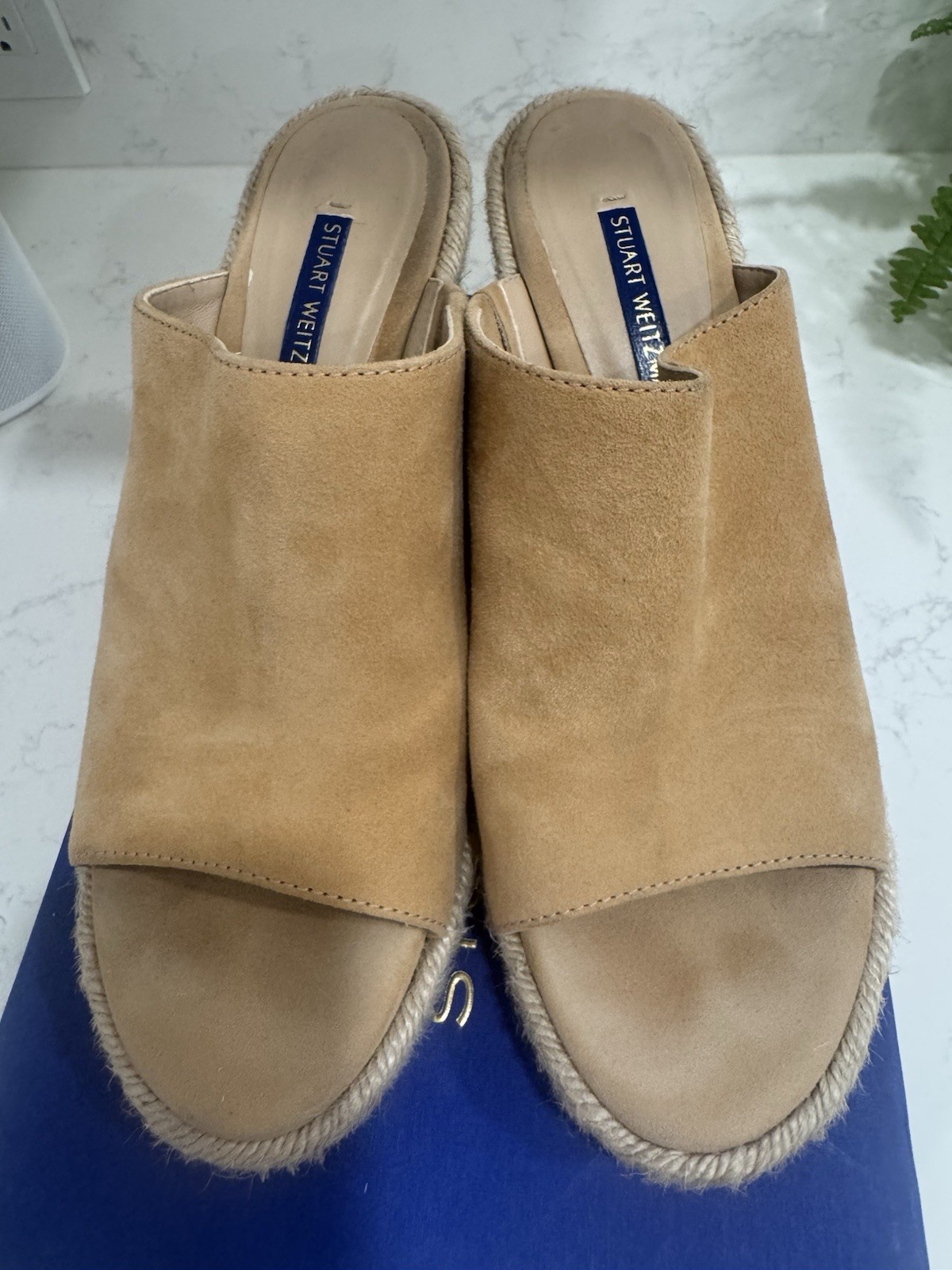 Stuart Weitzman Women’s 7 Beige Suede Espadrille Wedge Slide