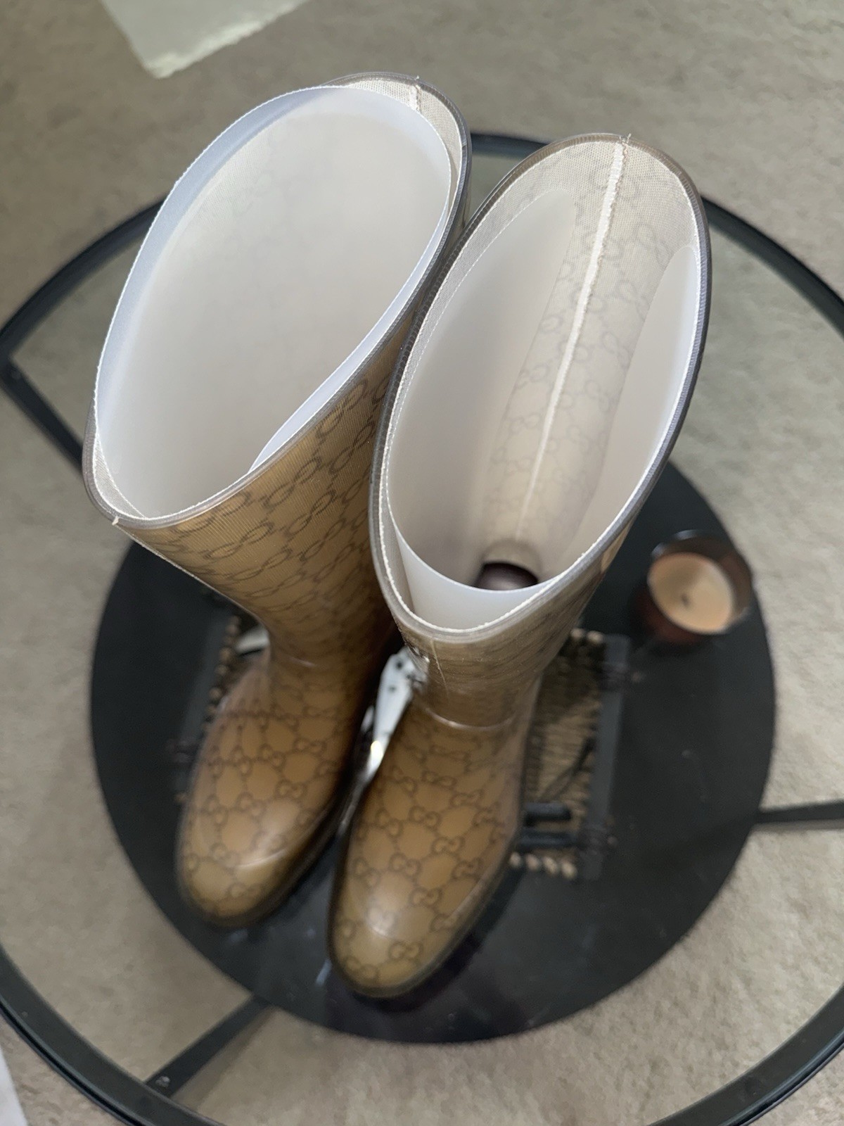 Gucci GG Monogram Knee-High Rubber Pull-On Rain Boots Beige/Brown size 37.