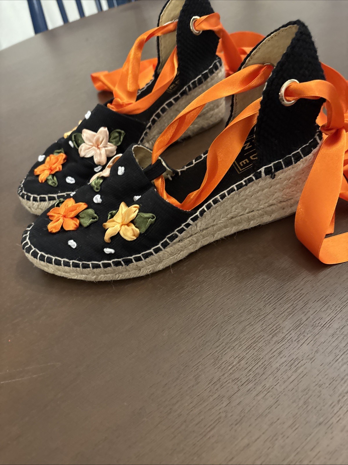 Custom Made Espadrilles Tangerine Flowers by Handmade Barcelona Size 37 NWOB