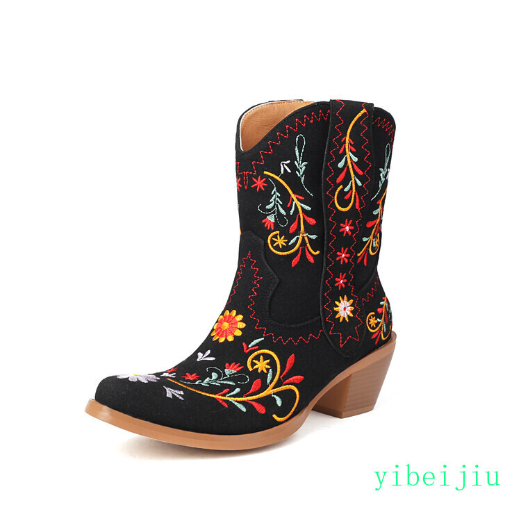 Women’s Embroidery Flower Ankle Boots Western Cowboy Cuban Heel Pumps Shoes OL