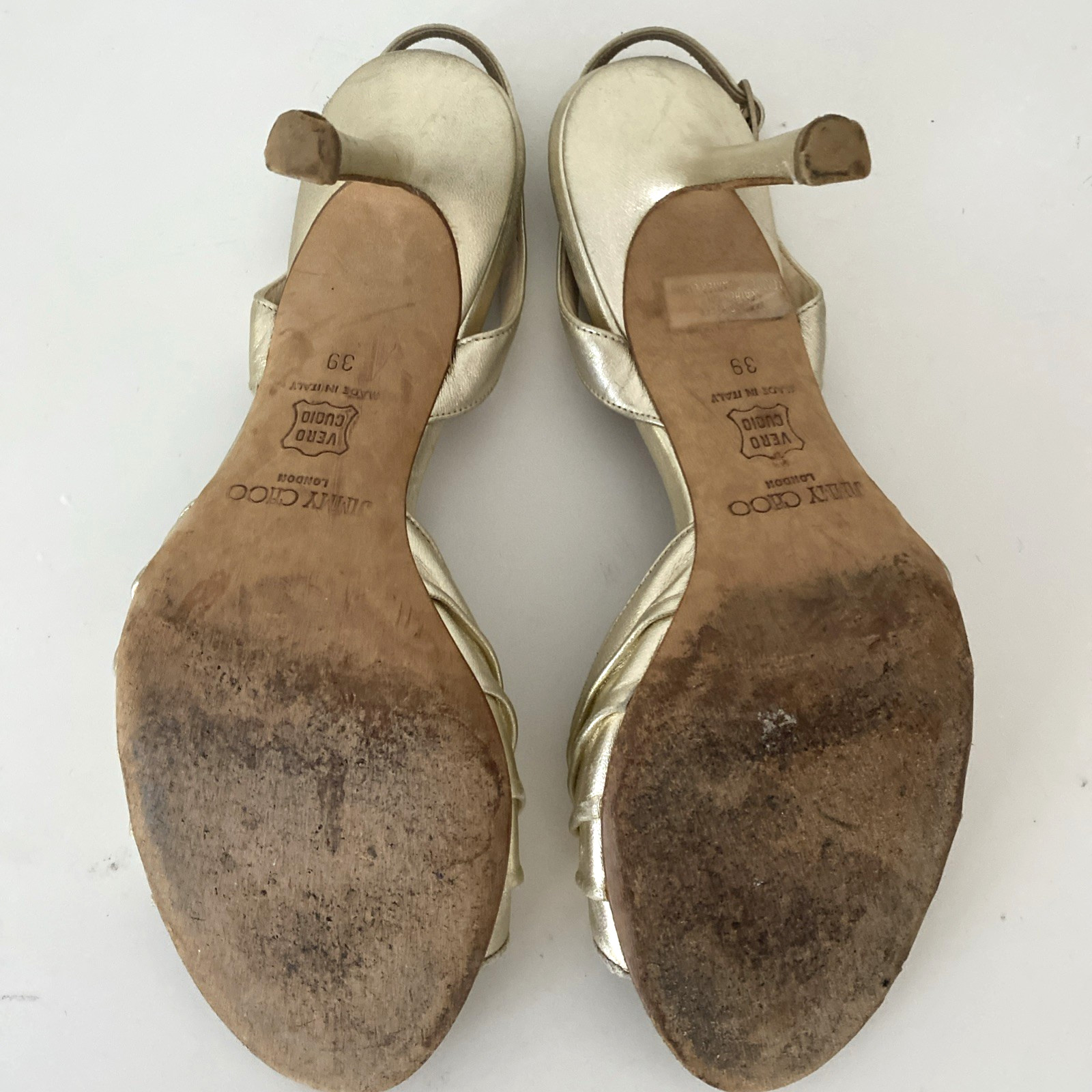 Jimmy Choo Gold King Slingback Sandal Open Toe Leather Slim Heel 39