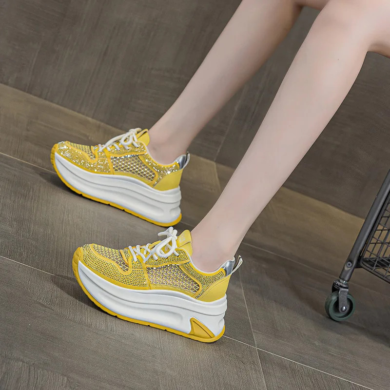 7cm Air Mesh Microfiber Leather Chunky Sneaker Shoes Women Platform Wedge Comfy