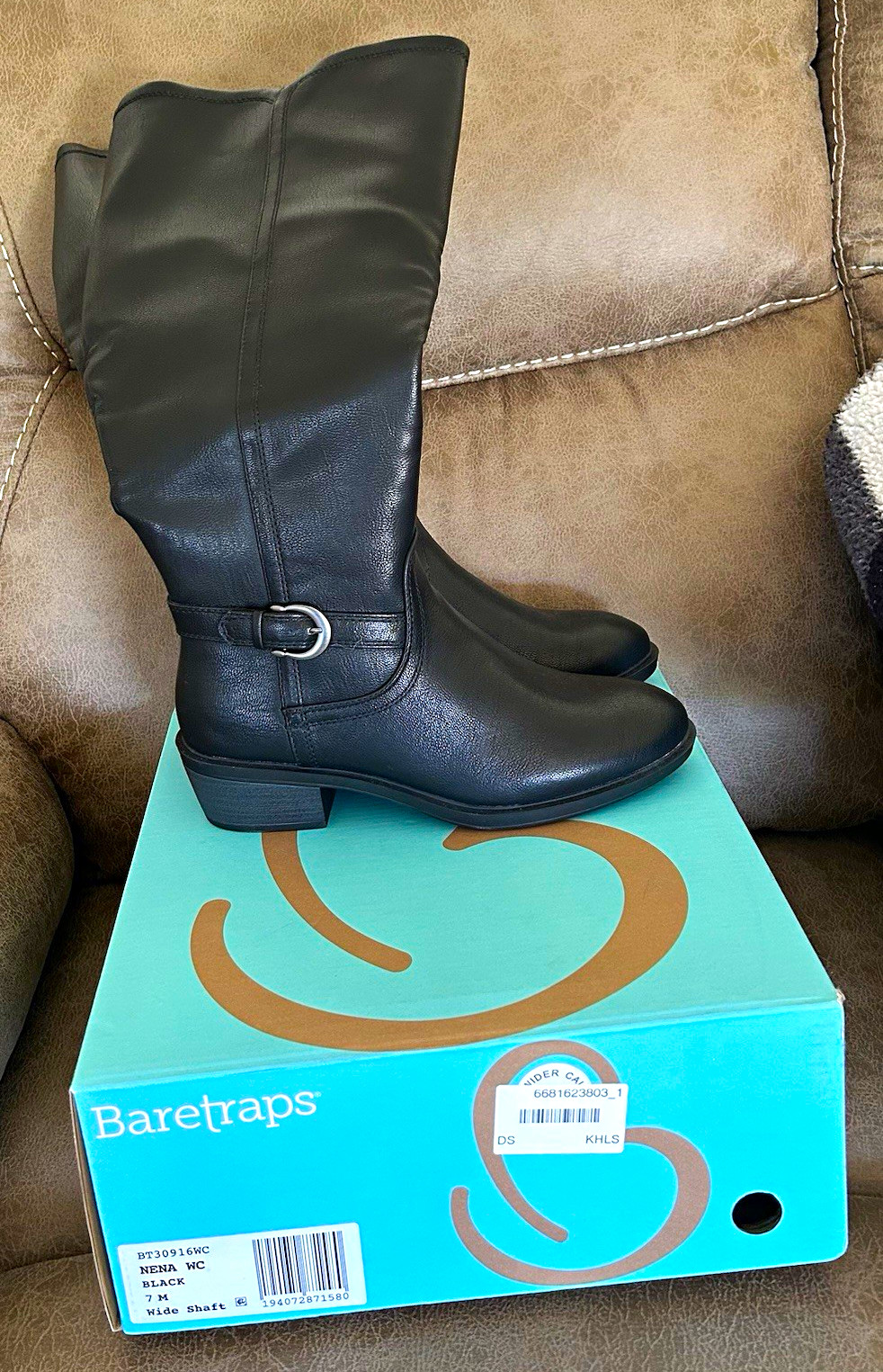 Baretraps Nena Women’s Black Knee High Wide Calf Pull-On Buckle Boot BT30916WC