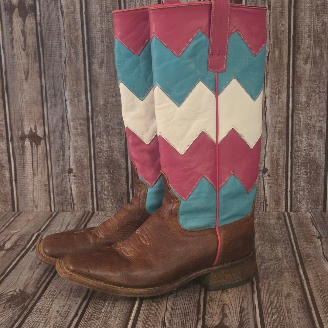 Sz 6.5 M Women’s Macie Bean Brown Pink Turquoise Chevron Western Cowboy Boots