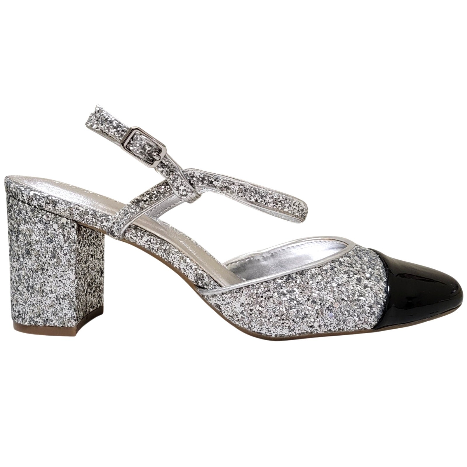 On 34th Women Dotti Cap Toe Ankle Strap Pump Heels Size US 9.5M Silver Glitter