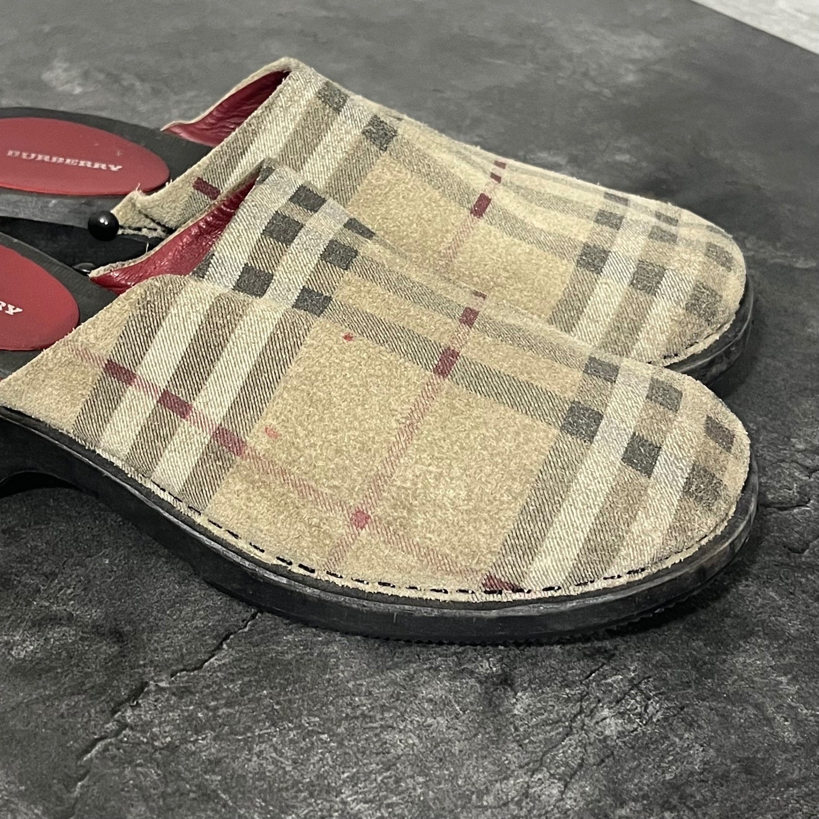 Burberry Clog Mules Women 38 Beige Nova Check Vintage Wooden Platform Heel Fair