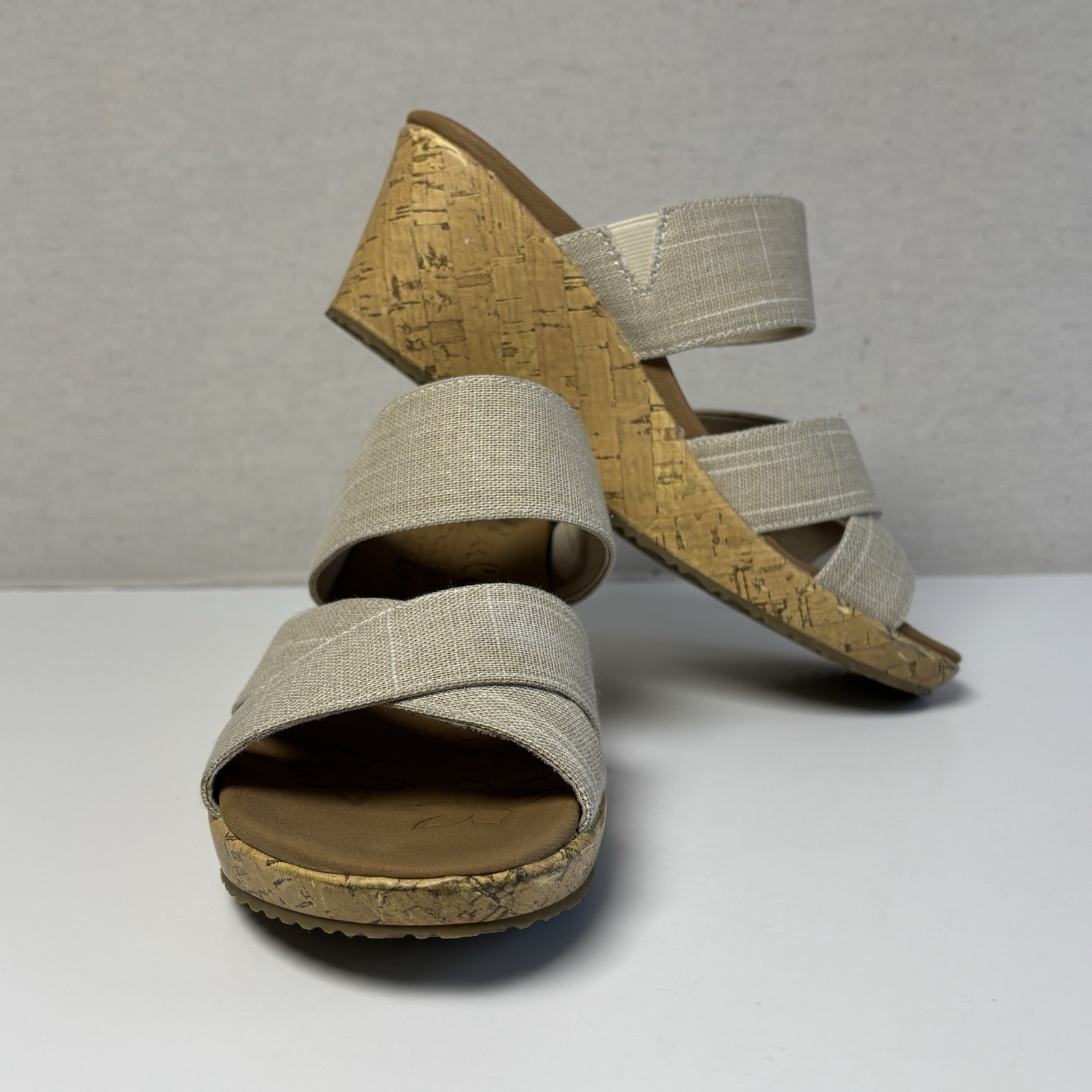 Cali from Skechers Luxe Foam Beverlee Brunch Hour Cork 2.75″ Wedge Natural SZ 7
