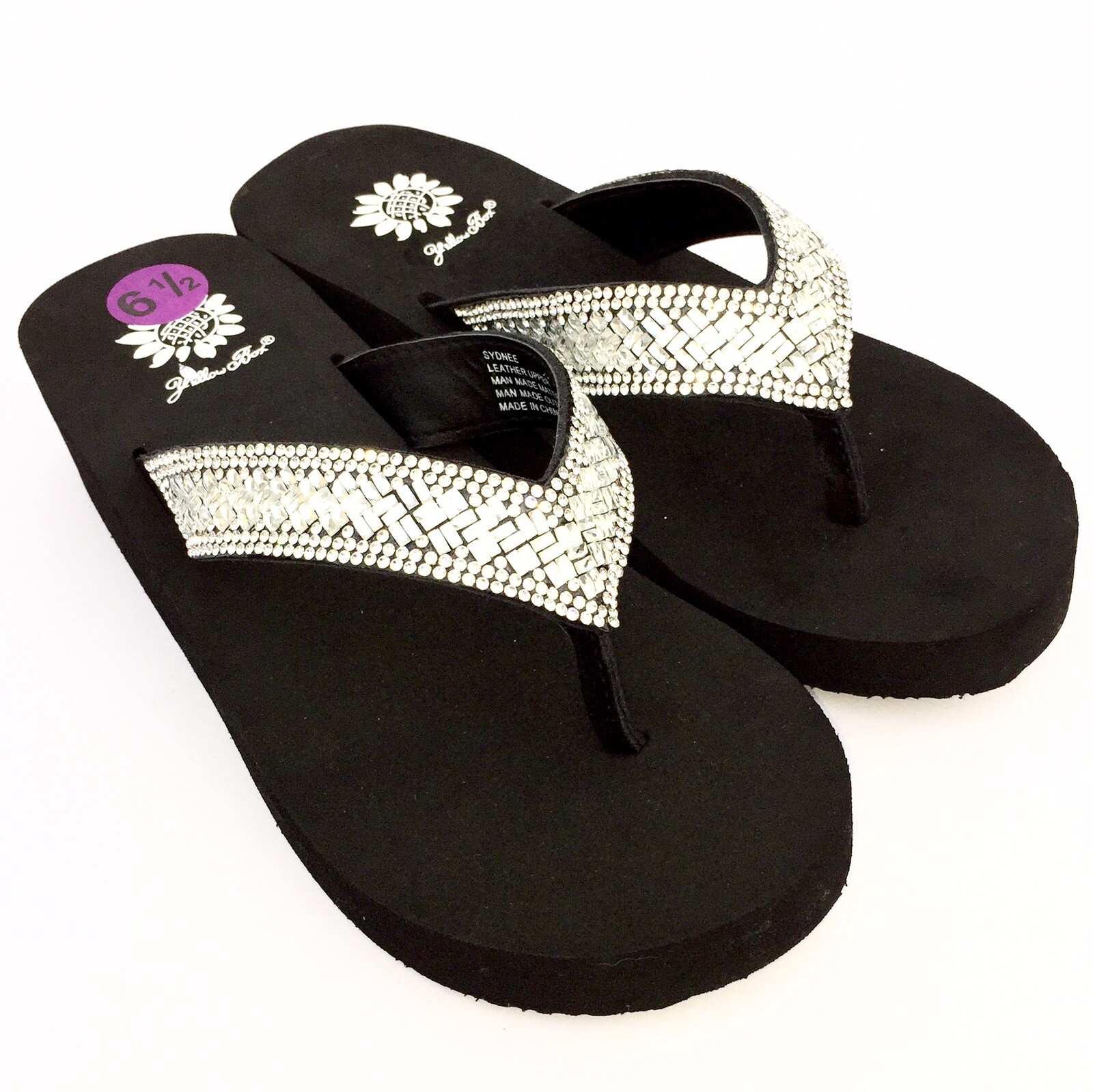 Yellow Box Flip Flops Sydnee Sparkle Clear Rhinestone Basketweave Wedge Sandals
