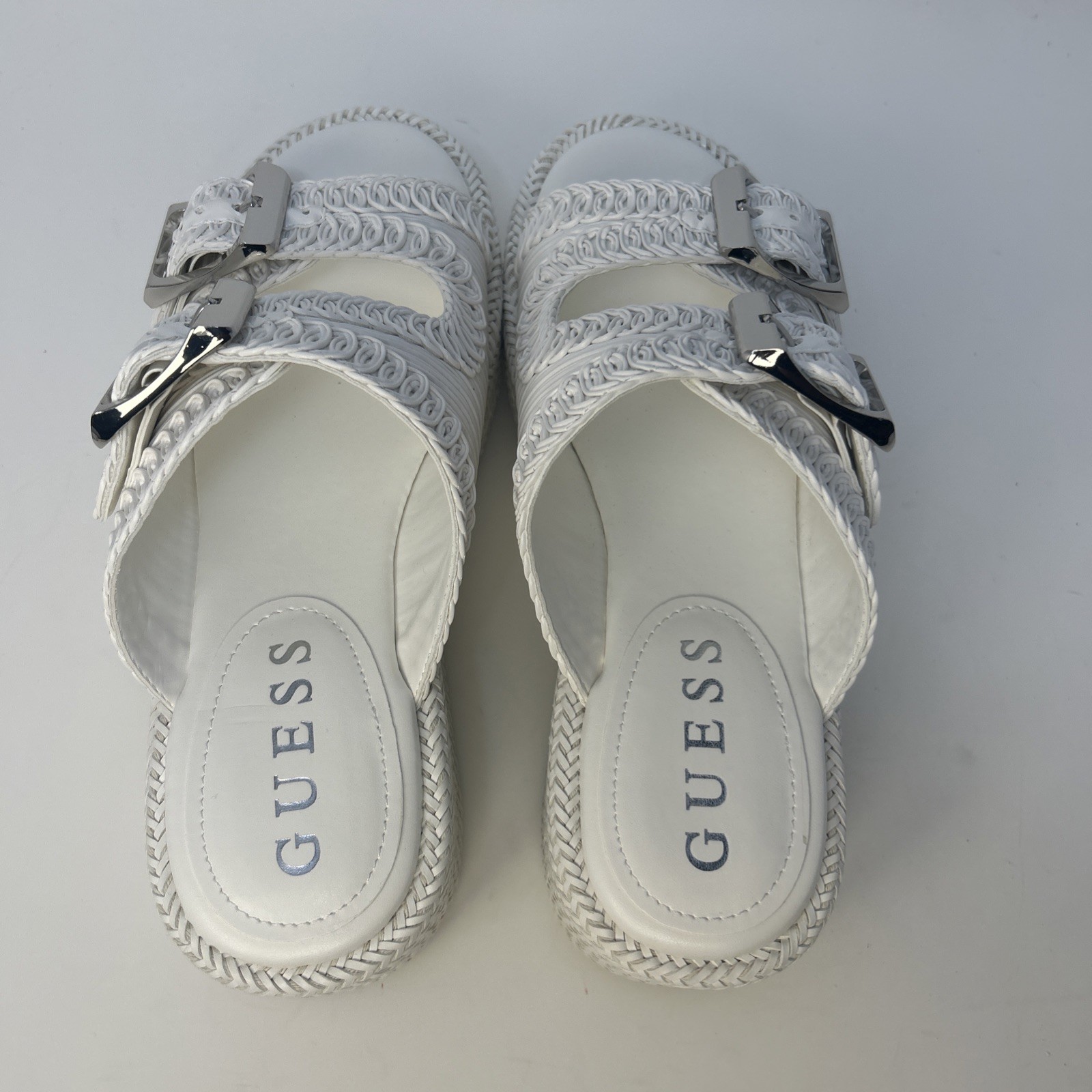 GUESS Binks Woven Platform Sandals Ivory White Double Buckle Wedge Size 10M NIB