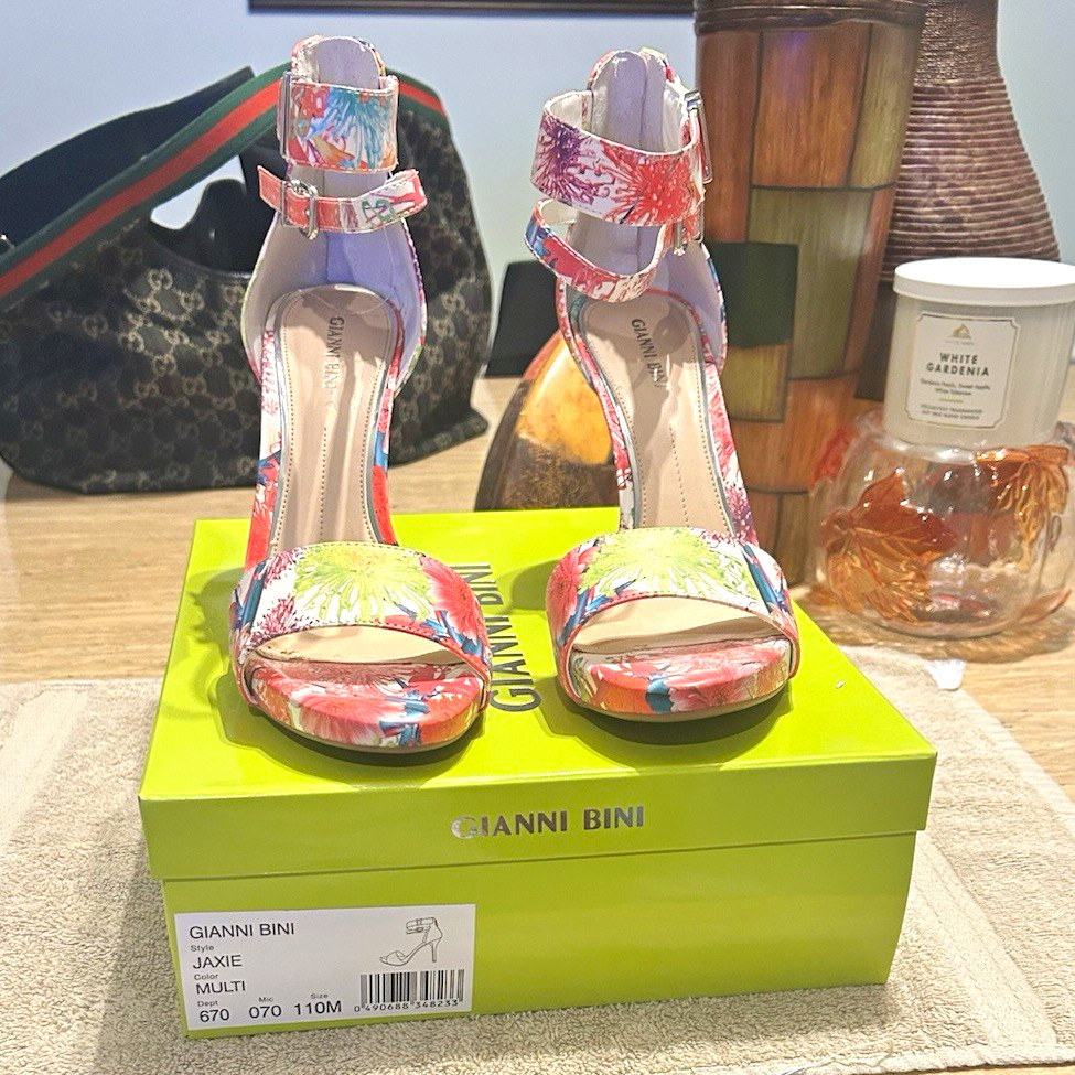 Gianni Bini Women’s Size 11M Multicolor Floral Leather Strappy Ankle Strap Heels