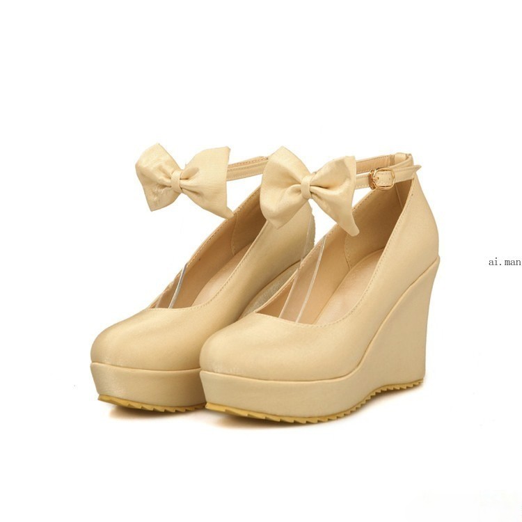 Women’s Round Toe Wedge Heeled Platform Wedding Shoes Bow Tied Shoes Pumps