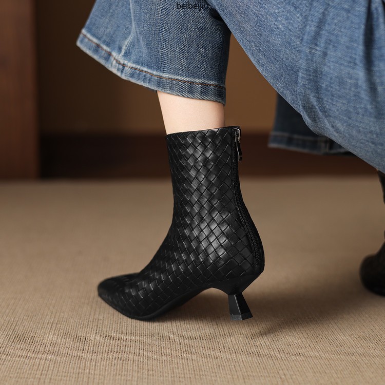 Women’s Weave Real Leather Ankle Boots Low Kitten Heel Dress Fashion Shoes Plus