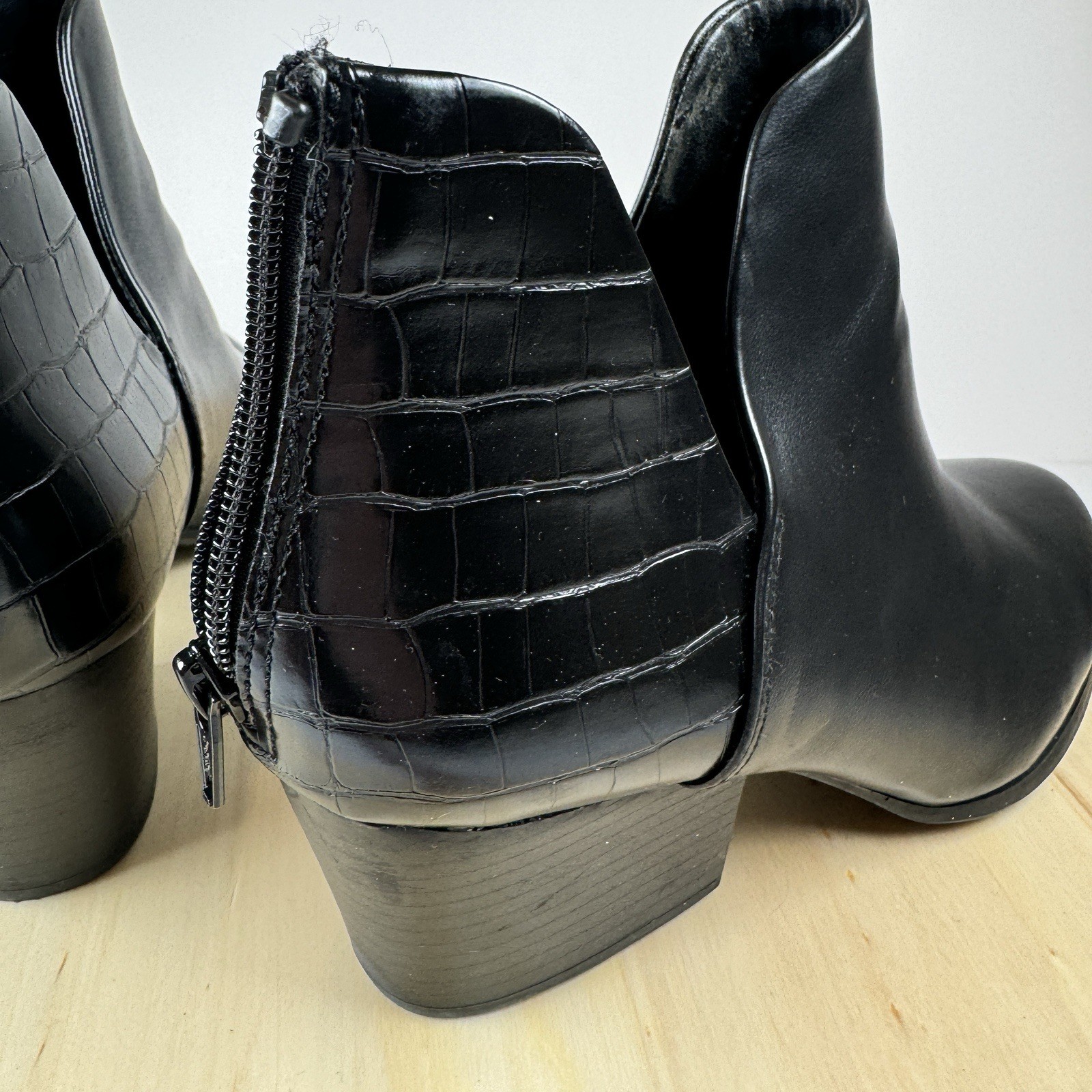SO Black Faux Leather Croc Back Ankle Barb Boots Size 9 Block Heel Booties 2.5in
