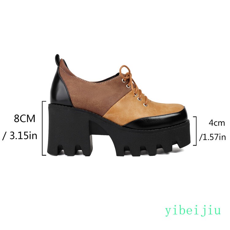 Women’s Platform Shoes Patchwork Two Tone High Block Heel Colorblock Lady Retro