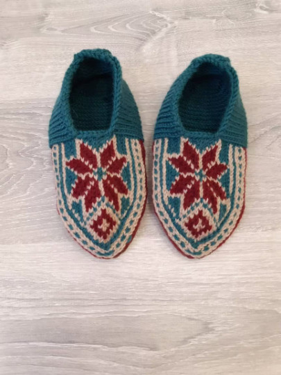 Green Women Hand knitted Slipper Socks with Suede Soles/ Handmade Slippers/ Gift