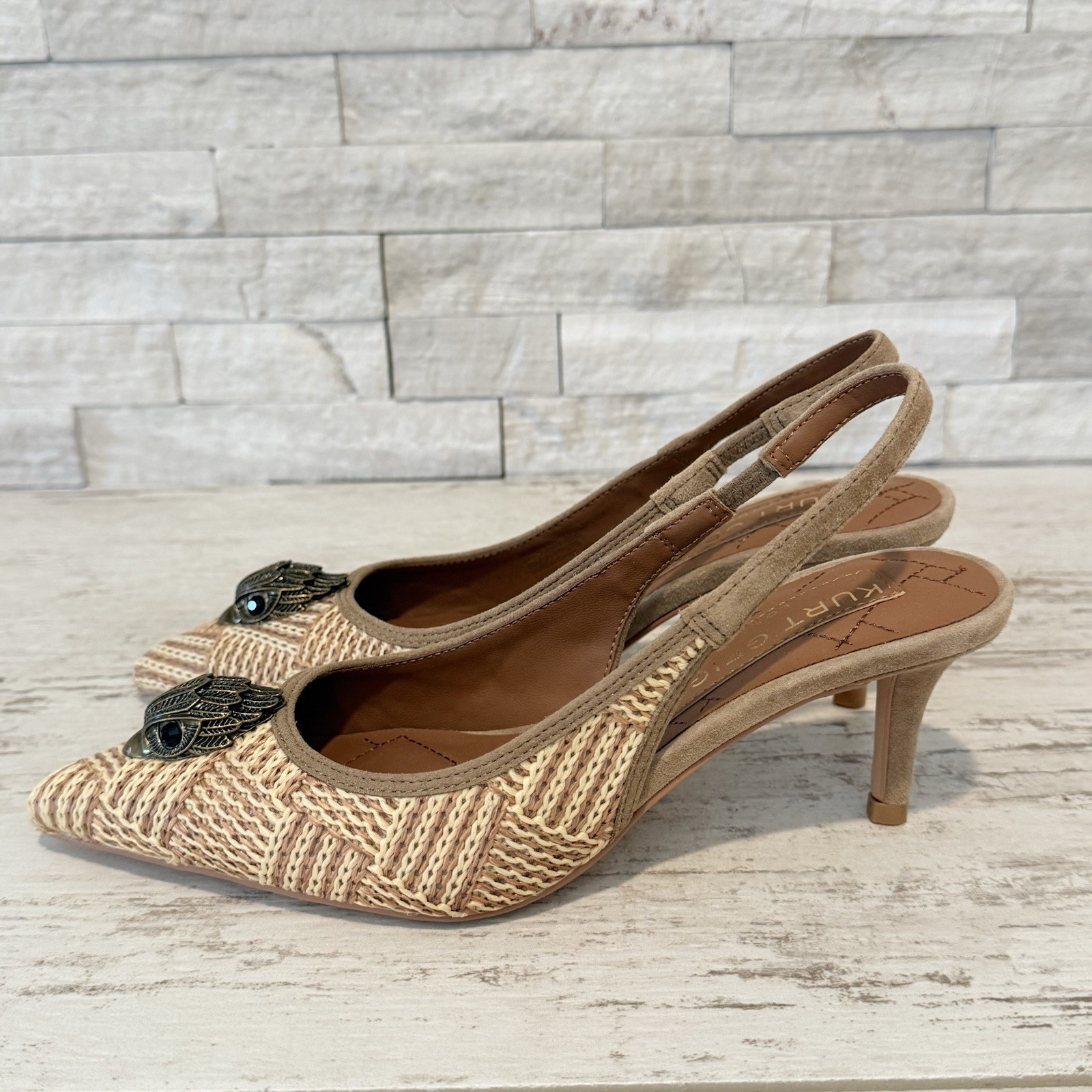 Kurt Geiger London Belgravia Slingback Raffia Woven Heels Beige Combo Size 36 EU