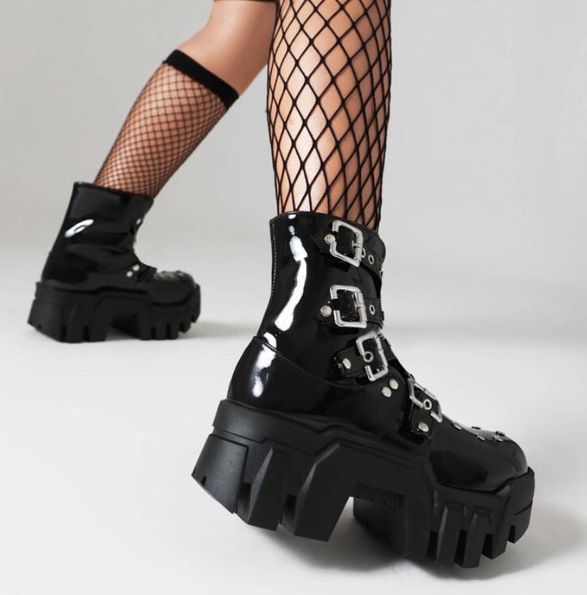 Rivets Ankle Boots Mid Heel Studded Gothic Thick Sole Womens Platform Shoes Punk