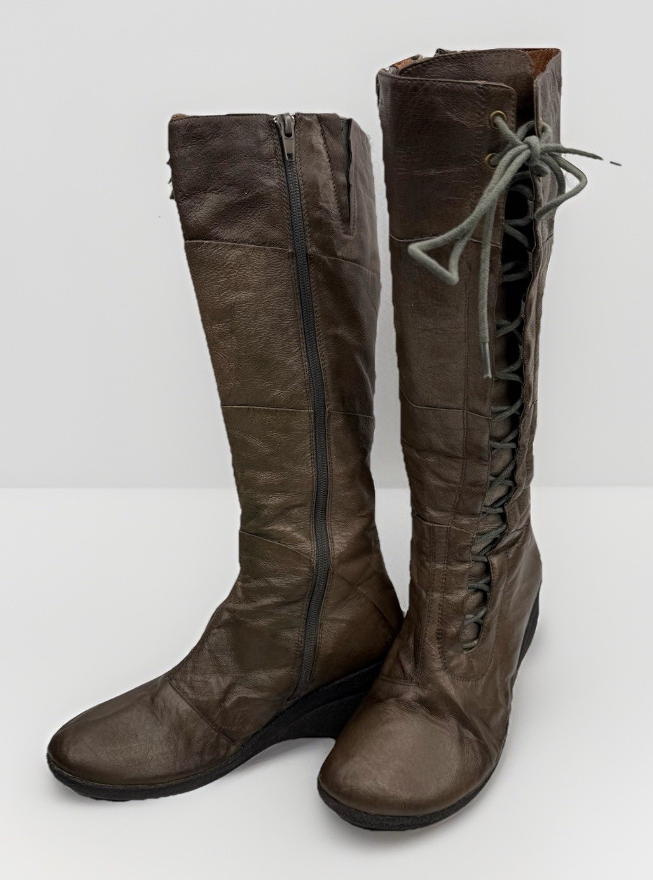 Miz Mooz October Tall Boots Womens EU 36 US 6 Gray Brown Lace Up Side Zip Y2K