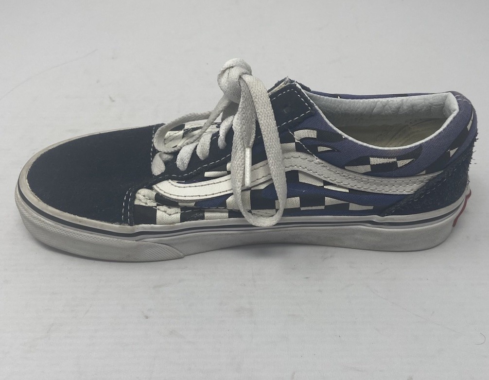 Vans Old Stool Women 5 Men 3.5 Youth Size Black Checkerboard Flames Skateboard