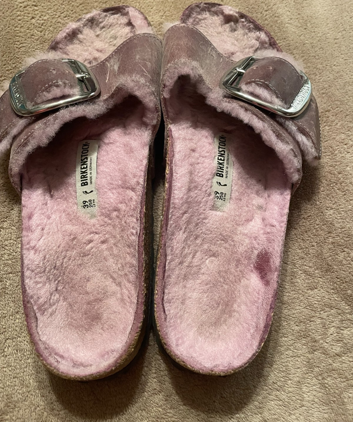 BIRKENSTOCK MADRID BIG BUCKLE SANDALS SHEARLING LINED DISTRESSED PURPLE 39