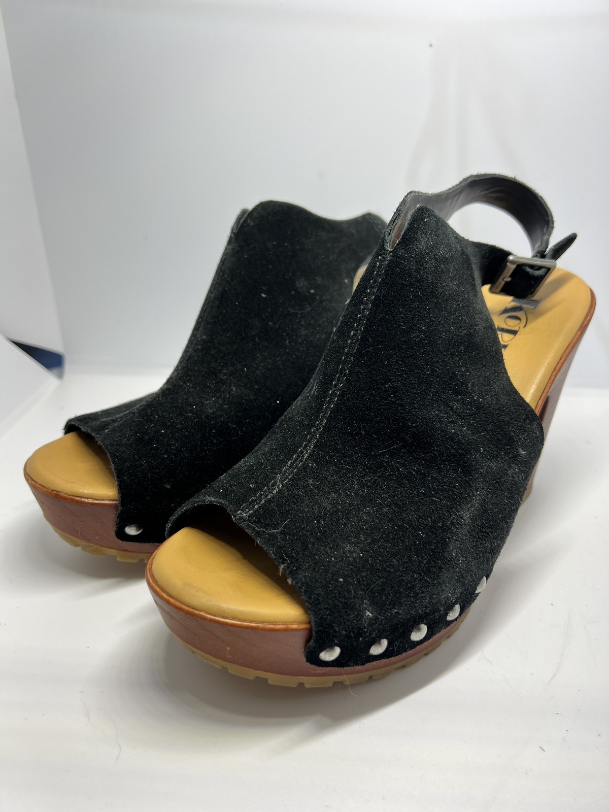 KORKS Black Suede Platform Clogs open toe sling back w/3.25″ Heels Sz 7
