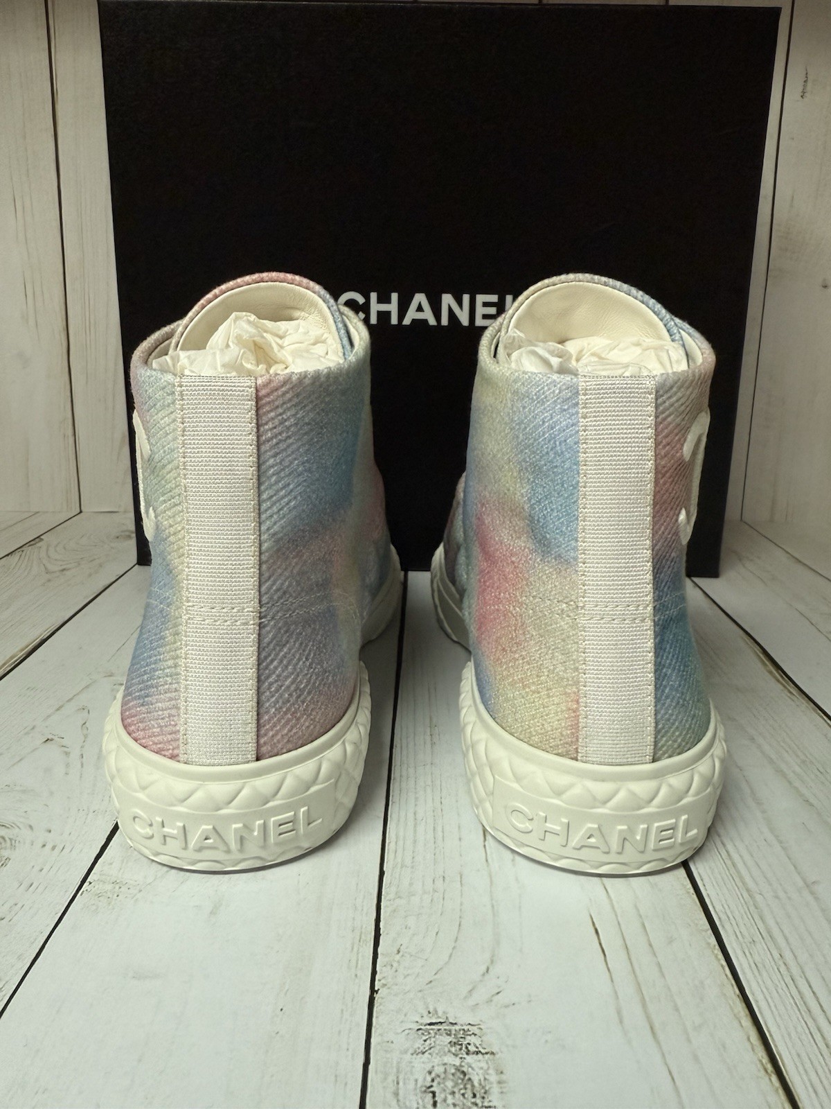 CHANEL Printed Fabric Quilted High Top Sneakers Green Pink Blue Sz 36 / 6