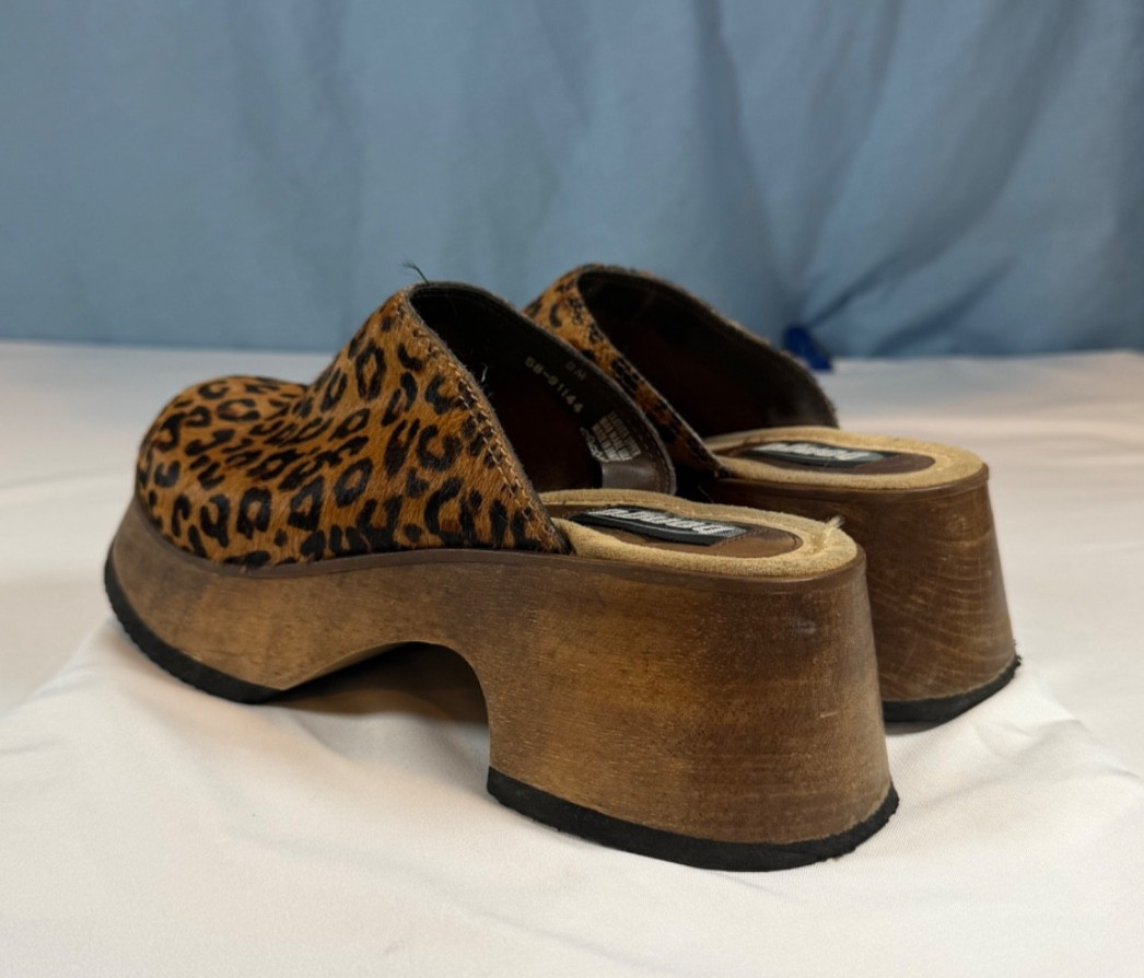 Womens 9 Bongo Leopard Platform Clog Mules Wood Slip On Shoes Y2K Vintage Rare