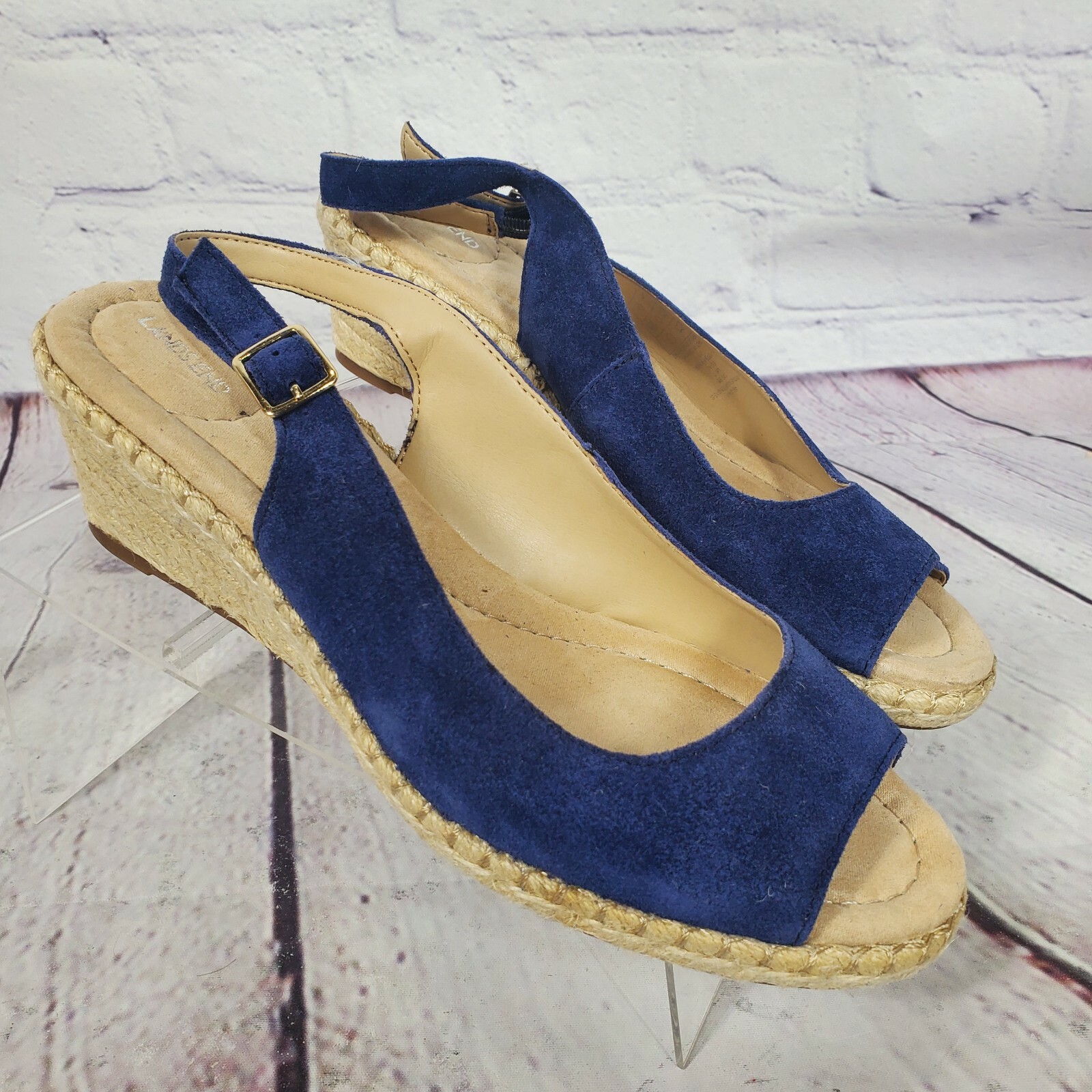 Lands End Women’s Size 9 Deep Sea Blue Slingback Espadrille Suede Wedges