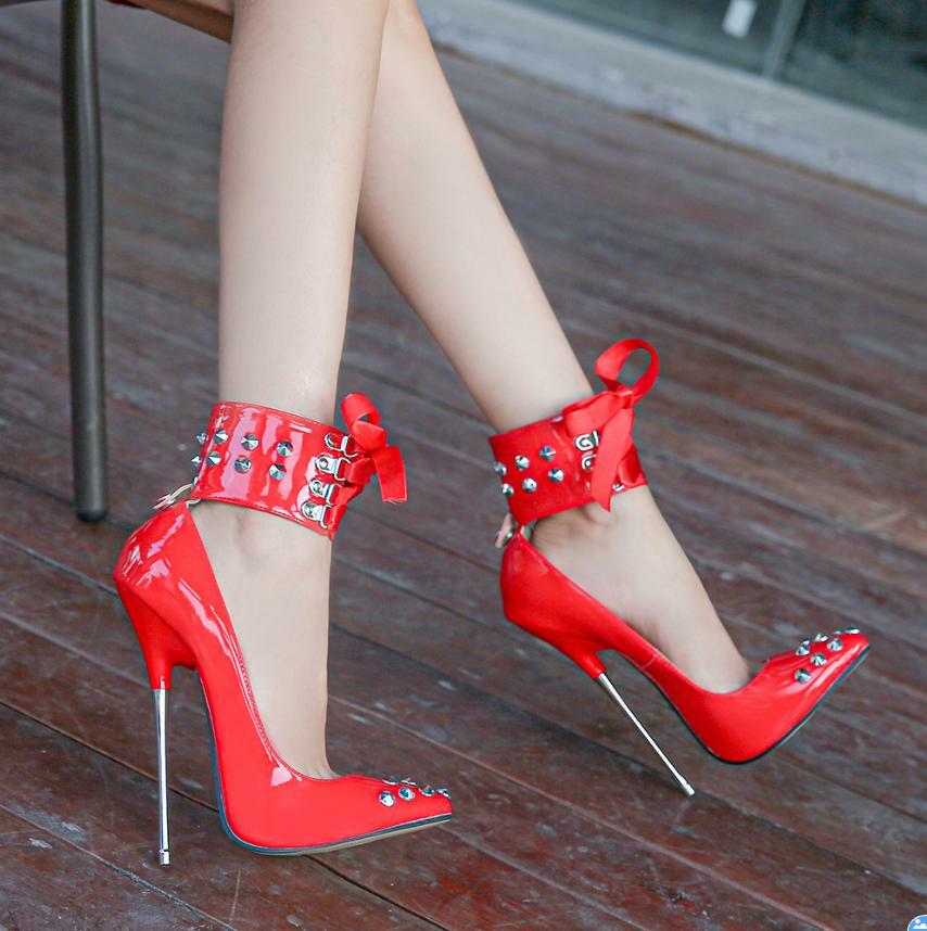 Womens Pointed Toe Ankle Strap Rivet 16cm High Heel Lace Up Stilettos Clubwear