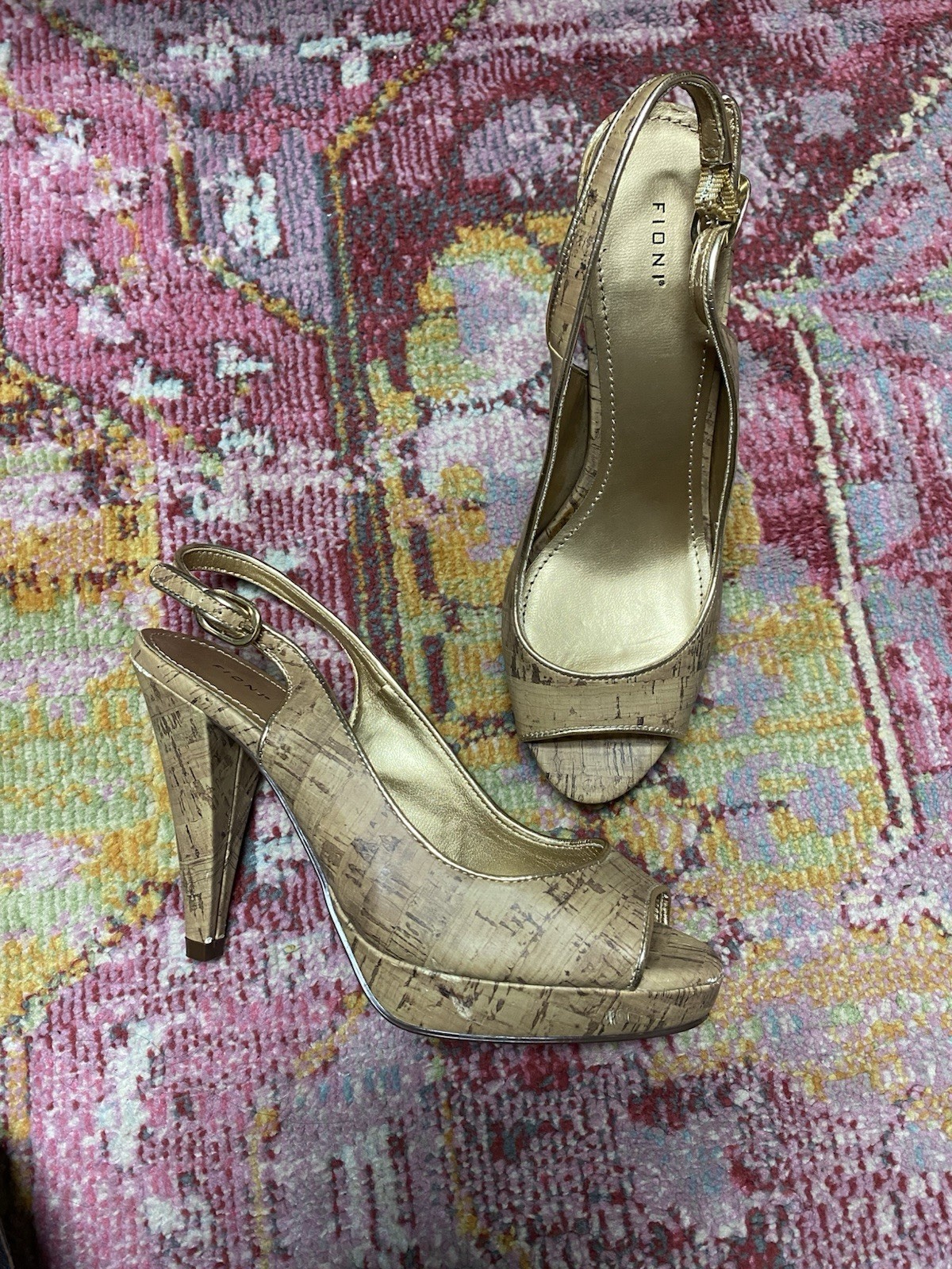 Gold Fioni Peep-Toe Slingback Heels with Natural Cork Pattern Size 5.5