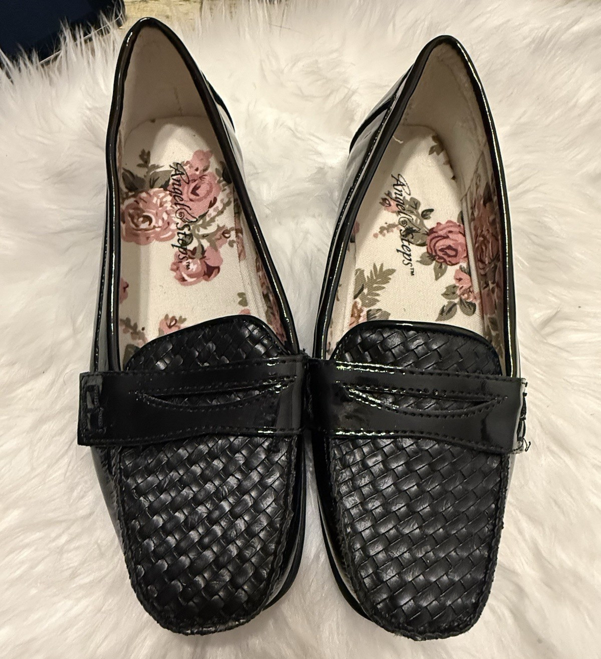 Angel Steps Womens Black Woven Slip-On Loafer Flats Square Toe Synthetic Sz 5
