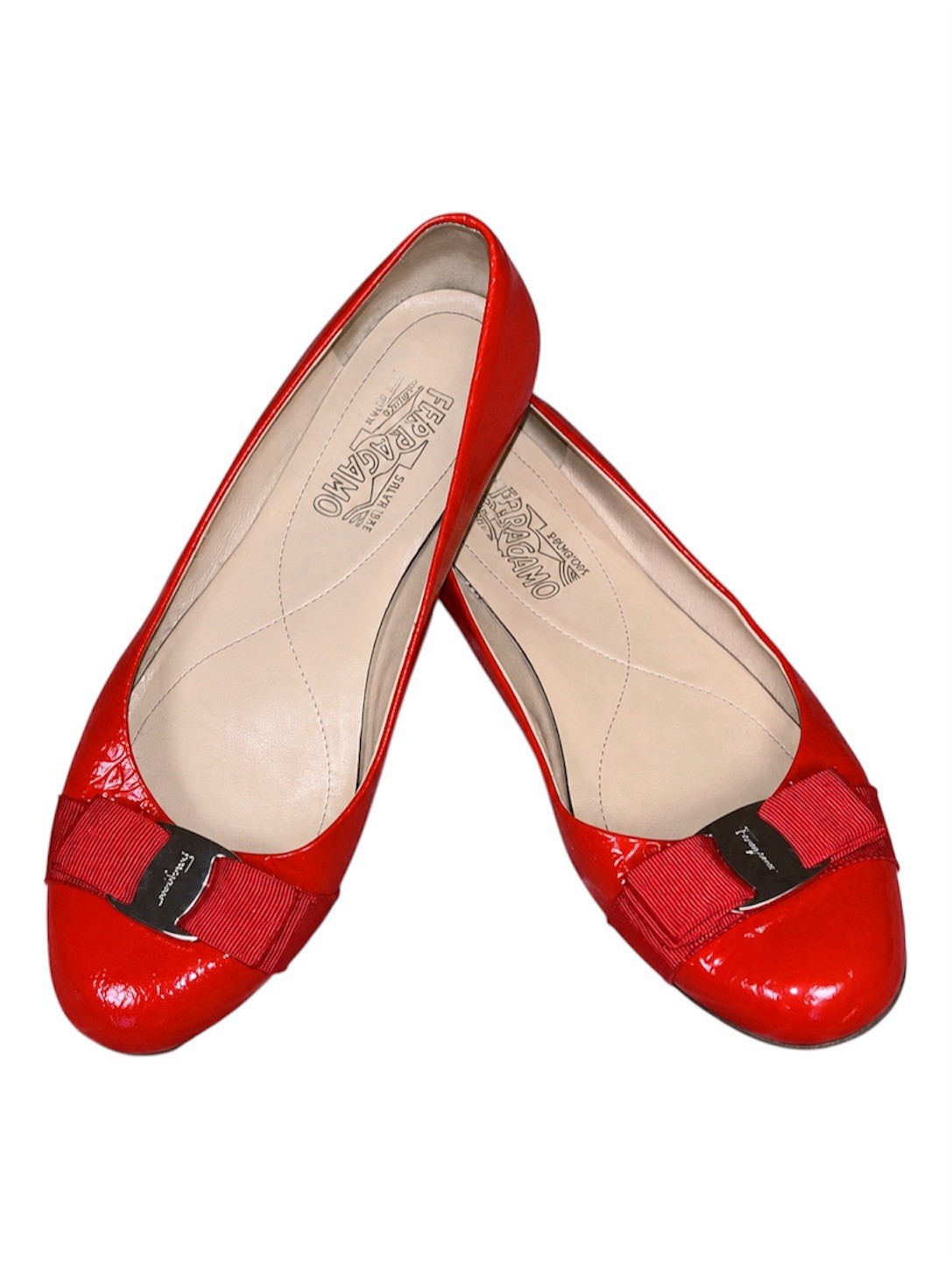 Salvatore Ferragamo Red/Orange Patent Vara Bow Ballet Flats