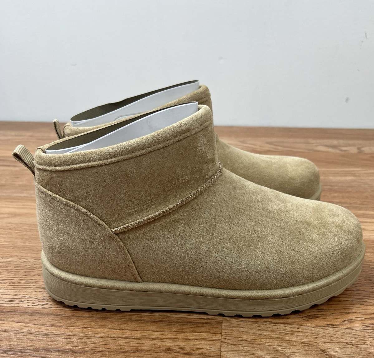 SO Lupita Tan Low Booties Boots Faux Suede & Fur Mini Boots Women’s Size 7 NEW