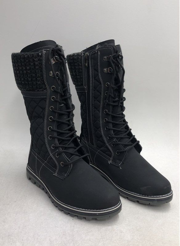 Women’s Black Quilted Tall Winter Snow Boots Lace Up Side Zip Size 9