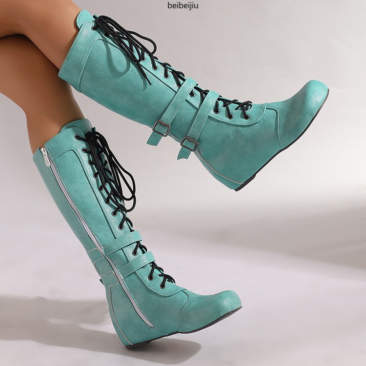 Women’s Mid Calf Hidden Wedge Heel Boots Lace Up Buckle Casual Shoes 48/49/50