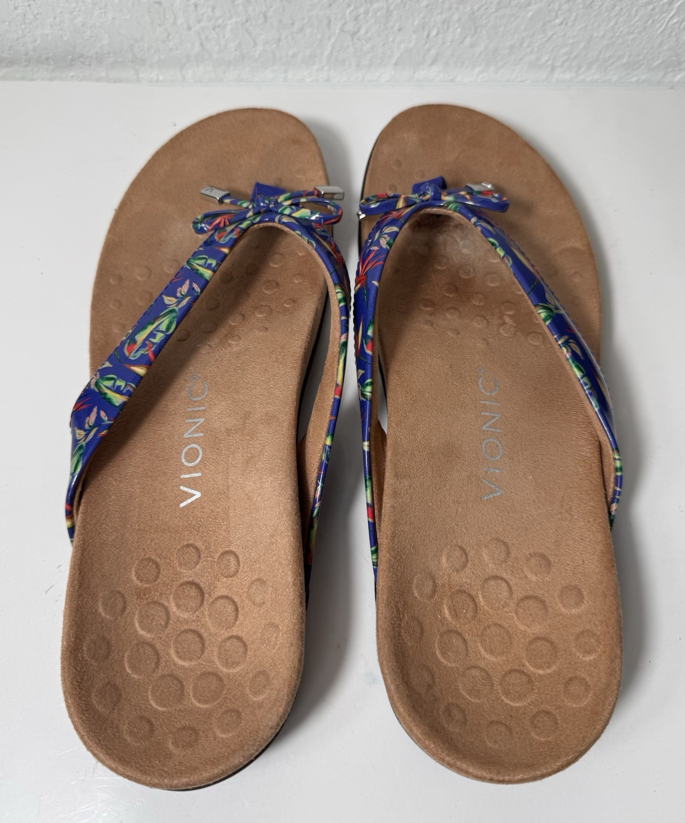 Vionic Bella II Sandals Flip Flops Tropical Floral Comfort Blue Bow Womens 8.5