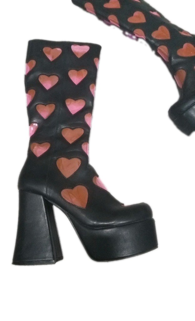 Sugarthrillz Women’s Black Gogo Boots with Pink Heart Details, 4 inch platform