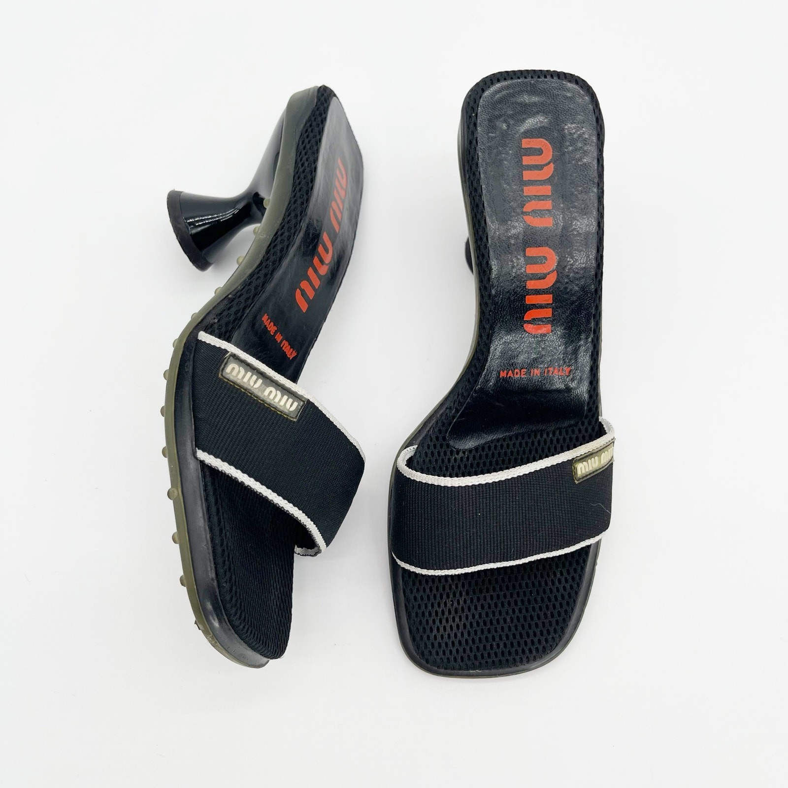 Miu Miu 90s y2k Black Mesh Logo Bubble Sole Kitten Heel Mules Slides IT 36.5