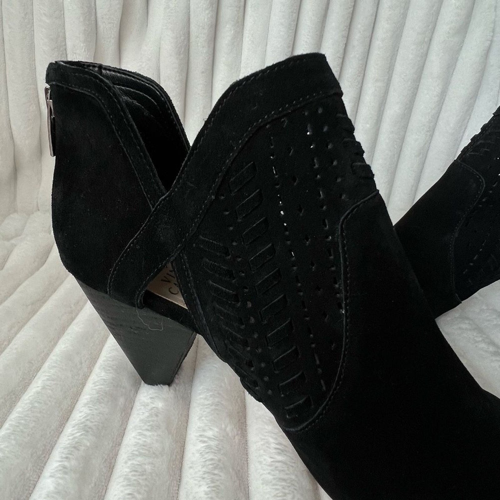 Vince Camuto Black Suede Booties Ebelin Open Toe Heels Size 9W EU 40
